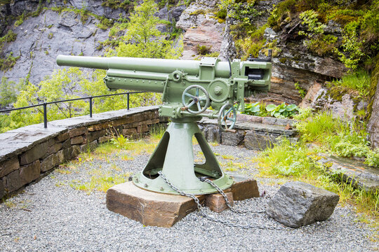 Historic artillery gun located at the bratte fossen mountain pass road in Norway
