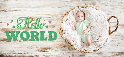 Cute little baby lying in basket on light wooden background. Hello World