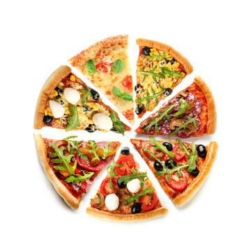 Slices Of Different Tasty Pizzas Isolated On White, Top View