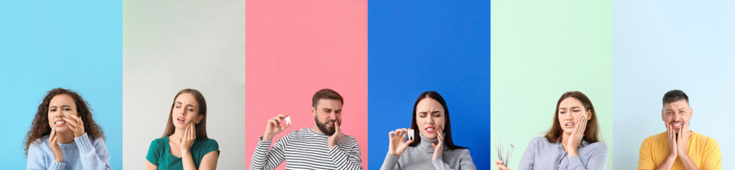Different people with toothache on color background