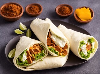 homemade tortilla wraps with chicken, vegetables and cheese on a wooden background. selective focus.