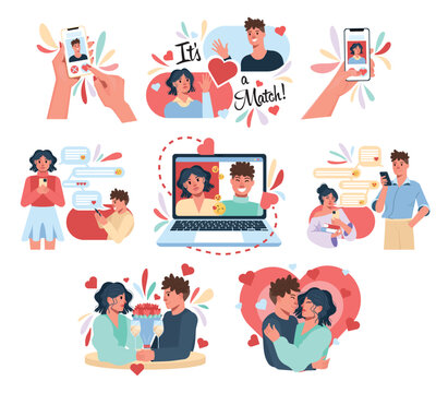 Collage of modern young couple with laptop and mobile phones on white background. Concept of online dating