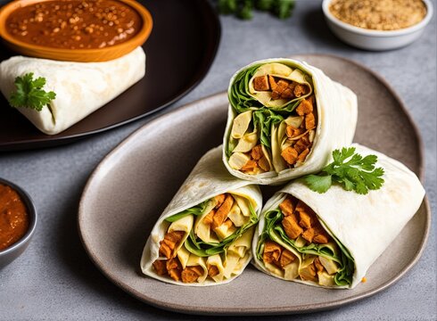 homemade tortilla wraps with chicken, vegetables and cheese on a wooden background. selective focus.