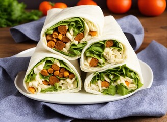 homemade tortilla wraps with chicken, vegetables and cheese on a wooden background. selective focus.