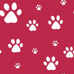 Dog's paws seamless pattern. Cat paws hand drawn pattern. Color of the year 2023 - viva magenta