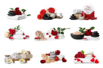 Set of spa supplies with red roses on white background. Valentine's Day celebration