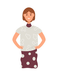 Happy Young woman on white background. Flat female character for presentation. Stylish person in trendy outfit, clothes. Flat vector illustration isolated on white background