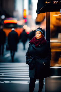 Candid Portrait Of An African American Woman Standing On A Street Corner In A Busy City, Generative Ai