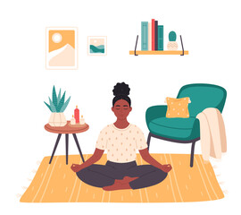 Black woman sitting in lotus pose and meditating at home. Mental health care, relaxation, recreation, yoga practicing. Cute interior with modern furniture. Hand drawn vector illustration