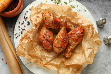 Wooden board with tasty baked chicken legs on table, closeup