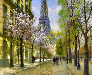Paintings lndscape, blossom in spring, artwork, fine art. Spring in Paris, a beautiful old street, flowering trees, the Eiffel Tower in the distance. Completely fictional plot.