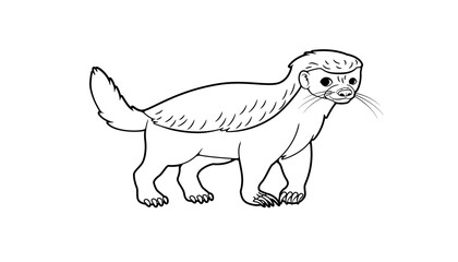 Honey badger, cartoon style coloring book, black and white isolated image, vector illustration, one line