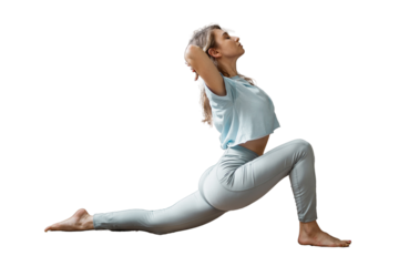 Woman workout yoga pose asana fitness and aerobics, isolated transparent background.