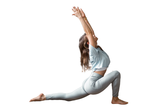 Woman workout yoga pose asana fitness and aerobics, isolated transparent background.