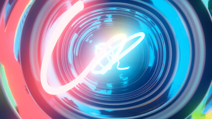 3d render. Neon ray flies in mirror room reflected in numerous mirrors. Abstract neon light in a shiny room.