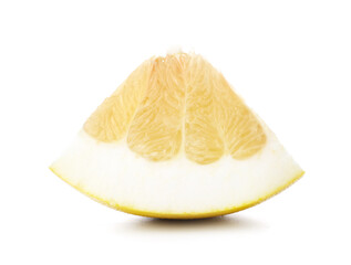 Juicy piece of pomelo fruit on white background