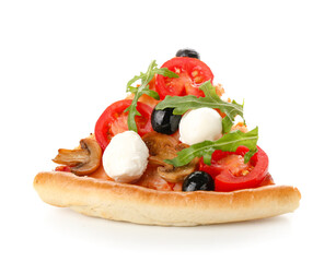 Slice of tasty pizza with mozzarella cheese, olives and mushrooms on white background