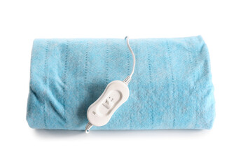 Blue electric heating pad with controller on white background © Pixel-Shot