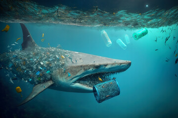 Tragic Reality of Plastic Pollution, a Shark Swimming in a Sea of Debris.