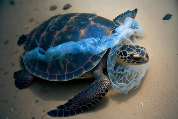 Turtle's Struggle to Survive with a Plastic Bag Entangled Around Its Body, The Dangers of Plastic Pollution for Marine Life.