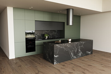Interior of spacious modern green kitchen with light beige walls. Dark brown wooden floor and black marble Island in background. 3d rendering. High quality 3d illustration