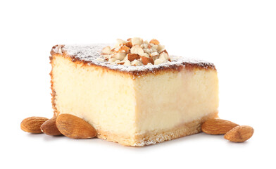 Piece of delicious cheese pie with almond nuts on white background