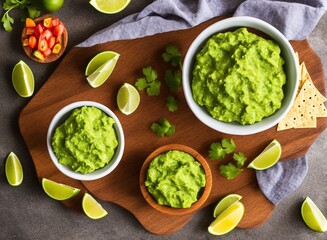 guacamole with nachos and salsa sauce on grey background