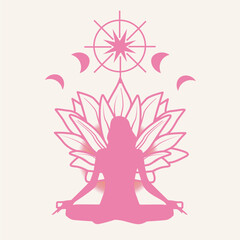 Vector illustration with female silhouette in meditating pose with lotus, light and moon phases. Yoga concept for print, poster, card and flyer design.
