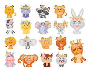 Funny animals in flower wreaths set. Cute baby tiger, raccoon, giraffe, hippo, owlet, lion heads cartoon vector illustration