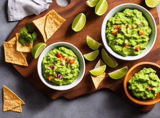 guacamole with nachos and salsa sauce on grey background