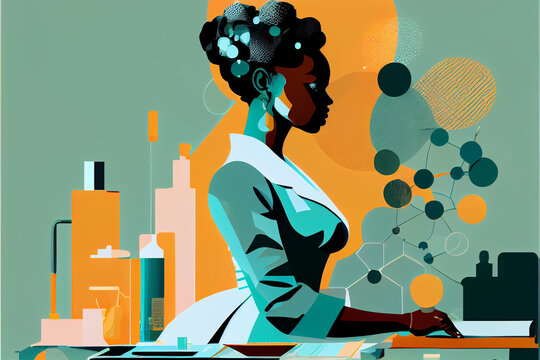 Vintage Inspired Vector Illustration of African-American Woman in Science Lab. Generative ai
