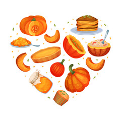 Delicious dishes made of pumpkin in heart shape. Fresh pumpkin, pie, cupcake, cake, cupcake banner, poster, card design template cartoon vector
