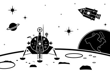 Clean and simple lunar lander on moon illustration, line art, clipart, geometric, icon, object, shape, symbol, etc. PNG with transparent background. Design elements for websites and other graphics.