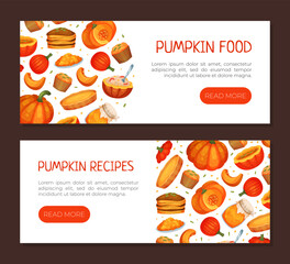 Pumpkin food landing page templates set. Pumpkin recipes, delicious dishes made of pumpkin horizontal banner cartoon vector