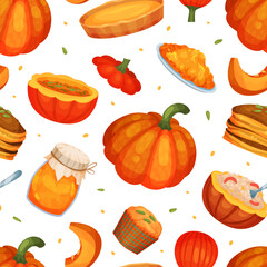 Pumpkin food seamless pattern. Delicious healthy dishes made of pumpkin repeating print for wallpaper, wrapping paper, textile, package design cartoon vector