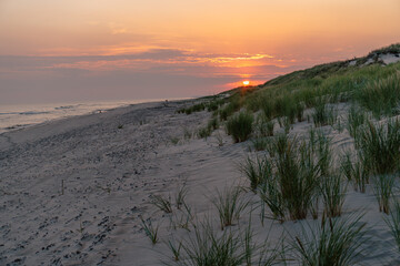 Wschód słońca nad plażą w Rowach, nad Morzem Bałtyckim, wał nadmorski - 558233966