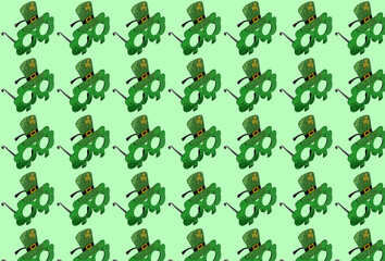 Green glasses with shamrock for Saint St Patrick’s day holiday celebration on green background. Funny sparkle eyeglasses, happy St Patricks day concept. Pattern design.