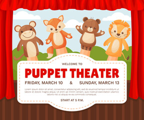 Cute Puppet Animal Toys on Hand as Theater Performance Invitation Card Vector Template