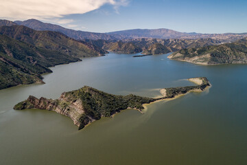 Pyramid Lake in California. It is a reservoir formed by Pyramid Dam on Piru Creek in the eastern San Emigdio Mountains, near Castaic, Southern California, in Los Padres National Forest. Los Angeles