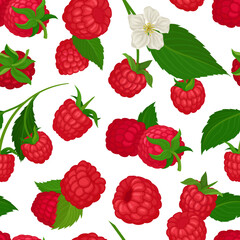 Ripe juicy raspberry seamless pattern. Organic ripe berries, healthy natural vegetarian food repeating print for wallpaper, wrapping paper, textile, package design cartoon vector