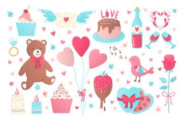 Set cartoon romantic love valentines day elements, stickers in flat hand drawn style. Bear, diamond ring, envelope with wings, chocolate, wine