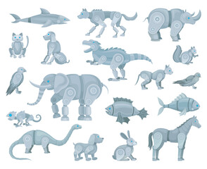 Mechanical metal animals collection. Steel robotic elephant, horse, fish, dinosaur, cat, dog, bunny cartoon vector illustration