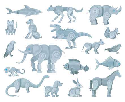 Mechanical metal animals collection. Steel robotic elephant, horse, fish, dinosaur, cat, dog, bunny cartoon vector illustration © Happypictures