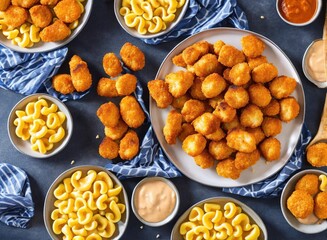 fried chicken nuggets with mac and cheese, cheese and tomato sauce.