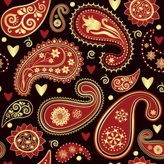 Vector abstract seamless vintage purple and golden pattern for Valentines day with paisley and hearts 