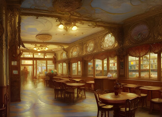 Fototapeta na wymiar The interior of an old fashioned european style coffee shop with products displayed in illuminated cabinets and ornate decor. generative ai illustration.