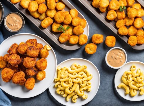 fried chicken nuggets with mac and cheese, cheese and tomato sauce.