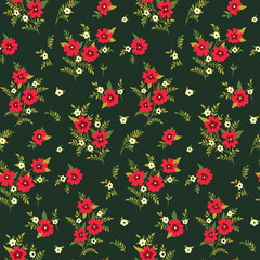 Seamless floral pattern, nice flower print with flowers branches in vintage style. Cute ditsy design: small hand drawn plants, tiny red flowers, leaves, twigs on green background. Vector illustration