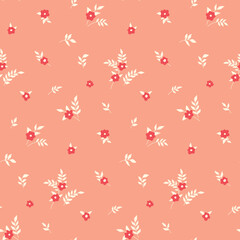 Seamless floral pattern, cute flower print. Pretty romantic ditsy design: small hand drawn plants, delicate flowers, tiny leaves on a pink background. Vector illustration.