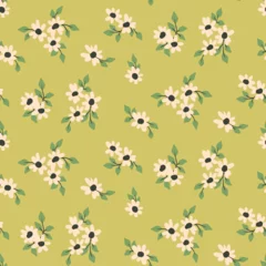 Fotobehang Seamless floral pattern, cute flower print with small hand drawn plants in natural colors. Romantic ditsy design with simple flowers, tiny leaves on yellow green background. Vector illustration. © Yulya i Kot